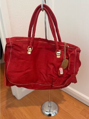 Red Leather Top-Handle Tote with Gold Hardware
